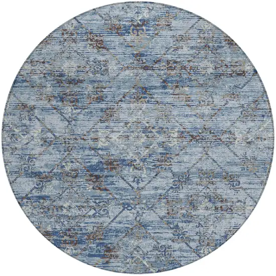 8' Sky Blue And Ivory Round Geometric Washable Indoor Outdoor Area Rug Photo 2