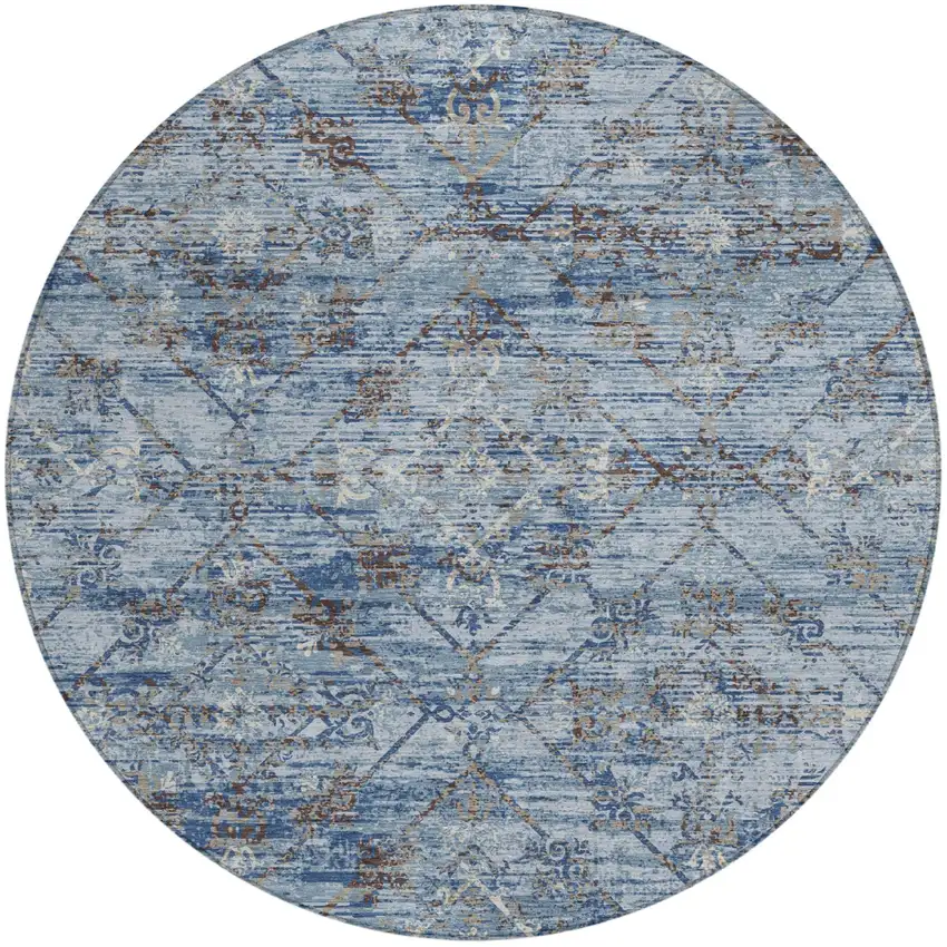 8' Sky Blue And Ivory Round Geometric Washable Indoor Outdoor Area Rug Photo 2