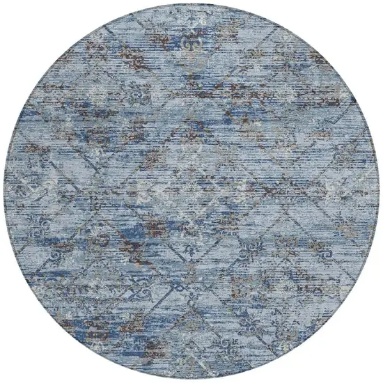 8' Sky Blue And Ivory Round Geometric Washable Indoor Outdoor Area Rug Photo 3