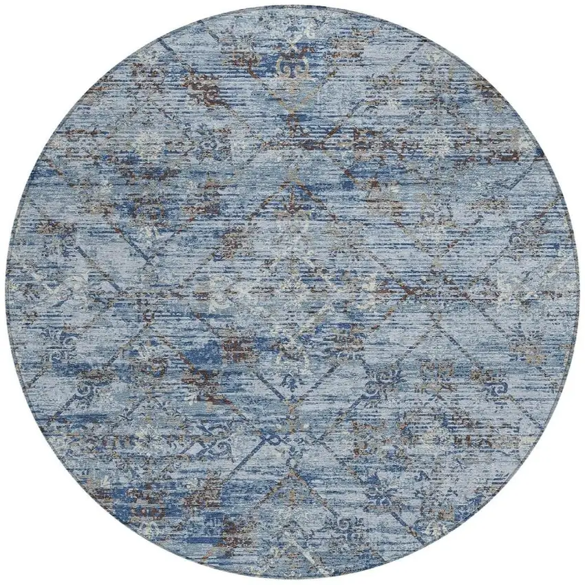 8' Sky Blue And Ivory Round Geometric Washable Indoor Outdoor Area Rug Photo 3