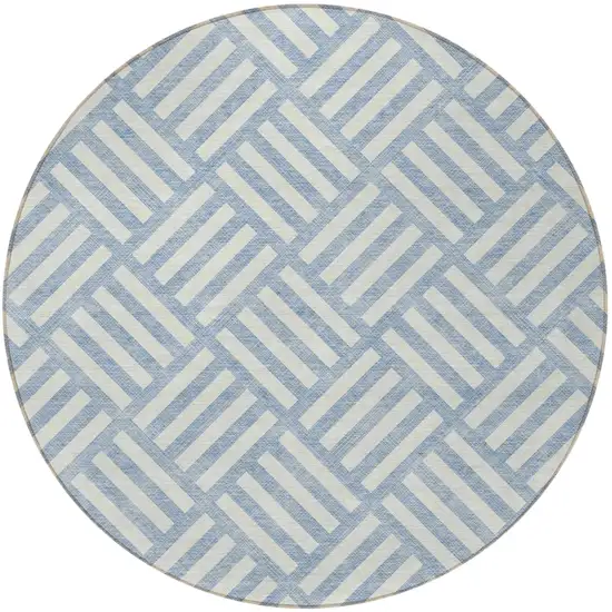 8' Sky Blue And Ivory Round Geometric Washable Indoor Outdoor Area Rug Photo 4