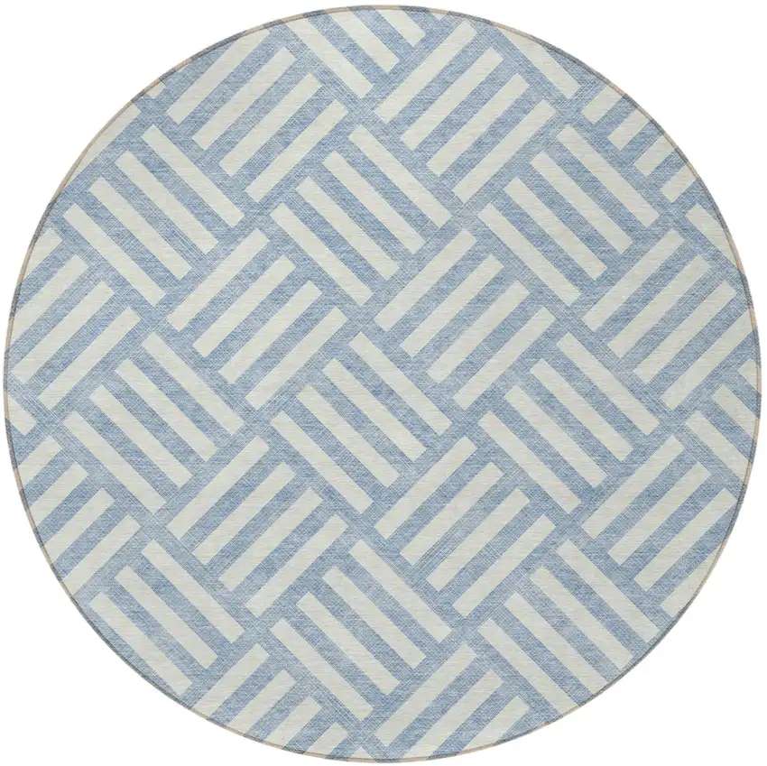 8' Sky Blue And Ivory Round Geometric Washable Indoor Outdoor Area Rug Photo 4