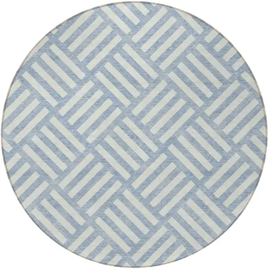 8' Sky Blue And Ivory Round Geometric Washable Indoor Outdoor Area Rug Photo 4