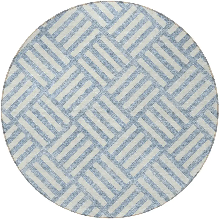 8' Sky Blue And Ivory Round Geometric Washable Indoor Outdoor Area Rug Photo 4