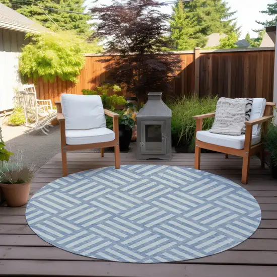 8' Sky Blue And Ivory Round Geometric Washable Indoor Outdoor Area Rug Photo 5