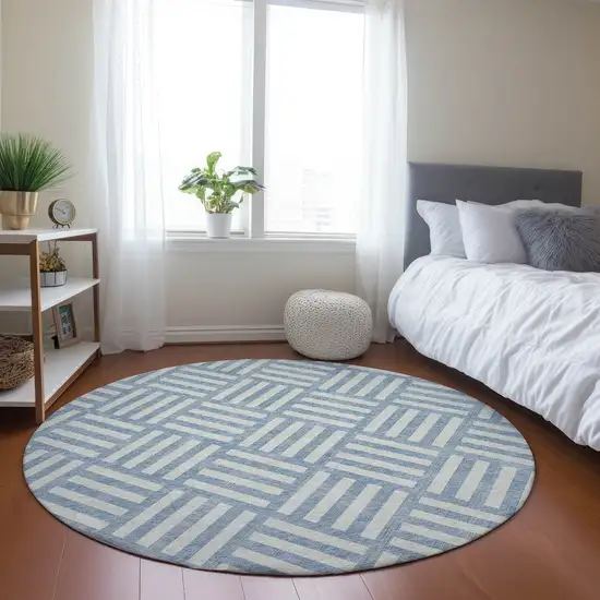 8' Sky Blue And Ivory Round Geometric Washable Indoor Outdoor Area Rug Photo 6