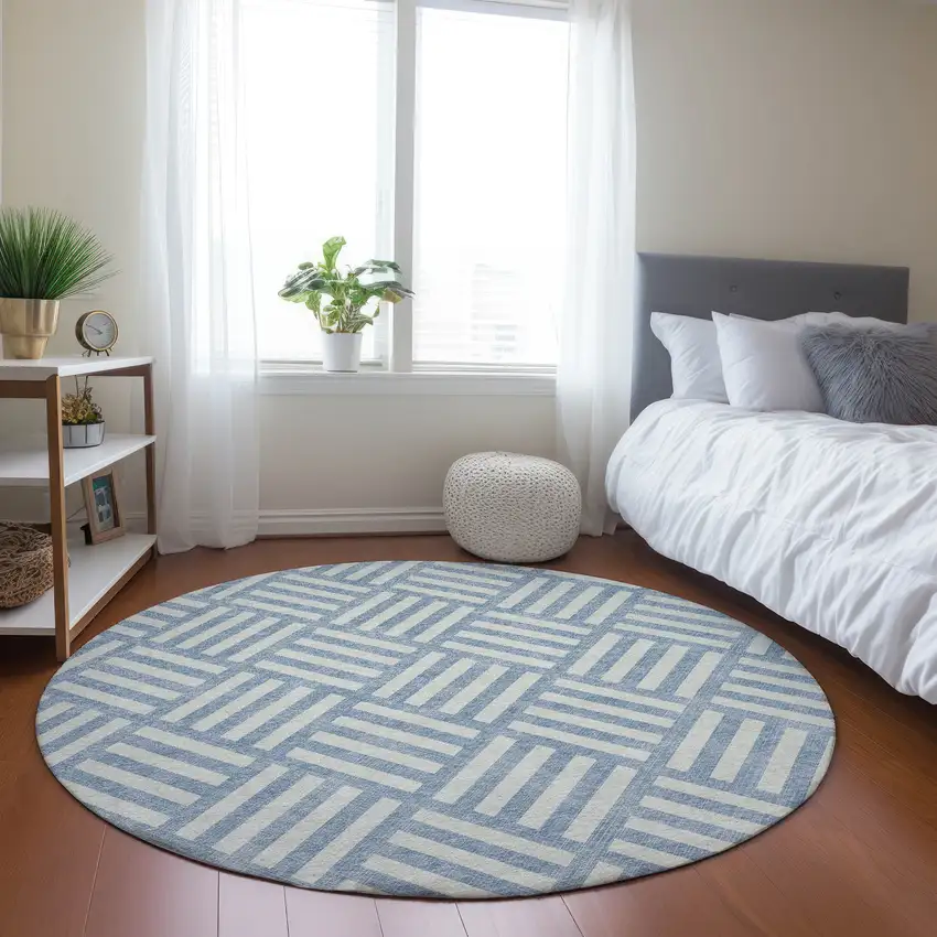 8' Sky Blue And Ivory Round Geometric Washable Indoor Outdoor Area Rug Photo 6