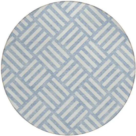 8' Sky Blue And Ivory Round Geometric Washable Indoor Outdoor Area Rug Photo 2
