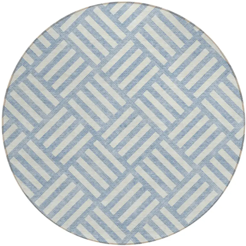 8' Sky Blue And Ivory Round Geometric Washable Indoor Outdoor Area Rug Photo 2