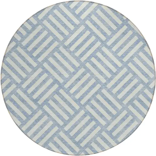 8' Sky Blue And Ivory Round Geometric Washable Indoor Outdoor Area Rug Photo 2