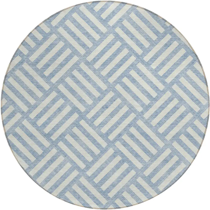 8' Sky Blue And Ivory Round Geometric Washable Indoor Outdoor Area Rug Photo 2