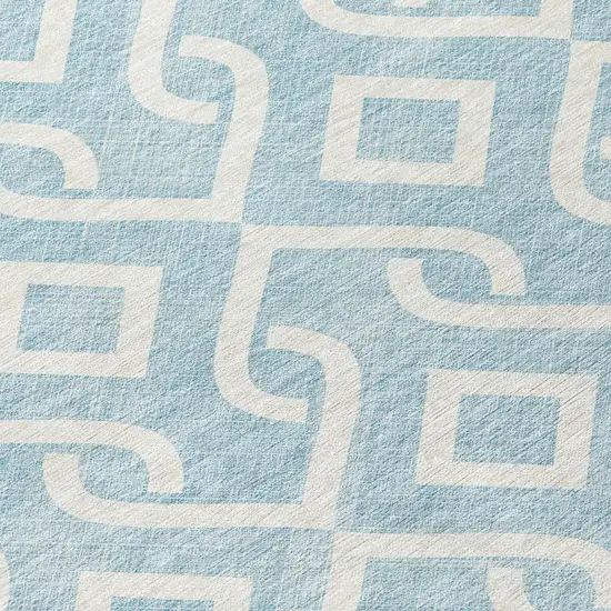 8' Sky Blue And Ivory Round Geometric Washable Indoor Outdoor Area Rug Photo 9