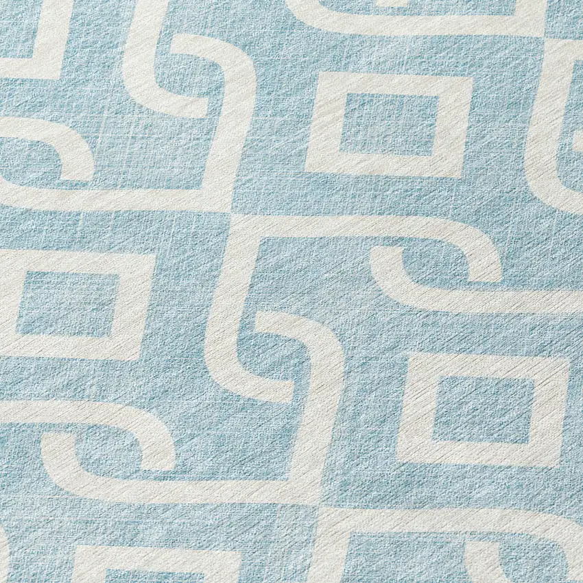 8' Sky Blue And Ivory Round Geometric Washable Indoor Outdoor Area Rug Photo 9