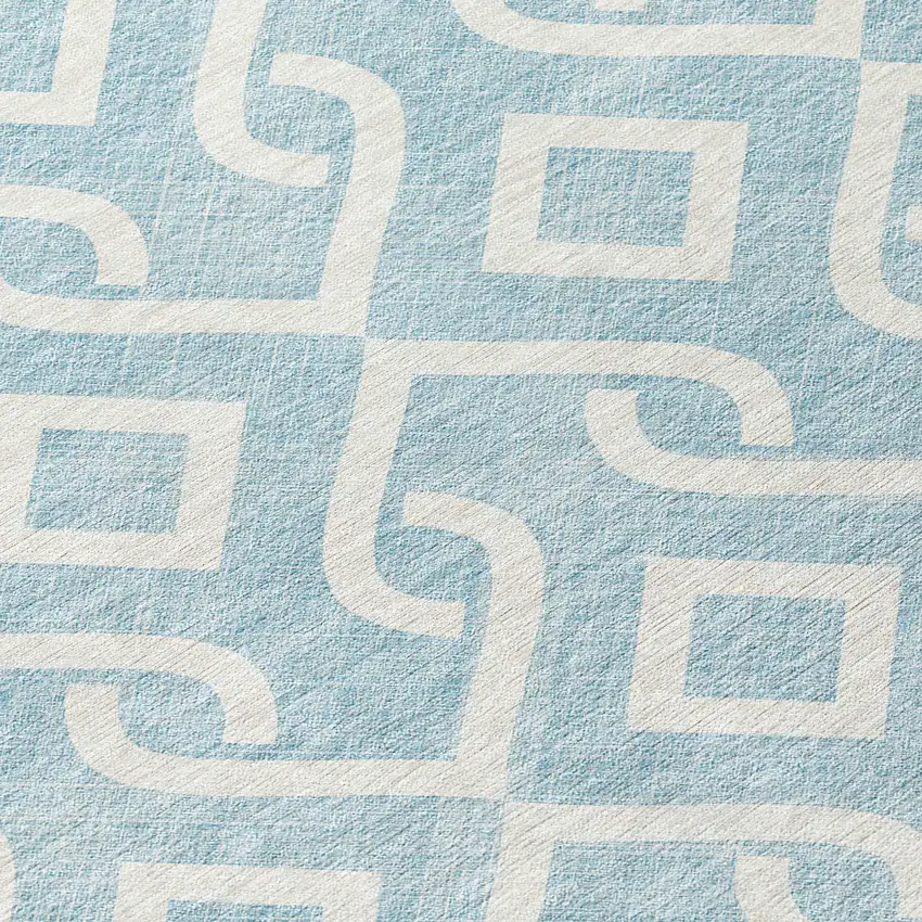 8' Sky Blue And Ivory Round Geometric Washable Indoor Outdoor Area Rug Photo 9