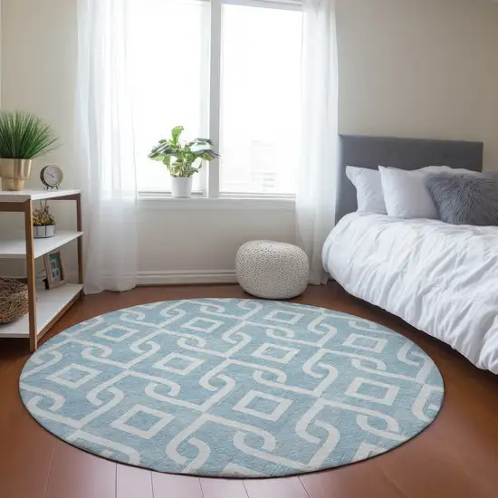 8' Sky Blue And Ivory Round Geometric Washable Indoor Outdoor Area Rug Photo 8