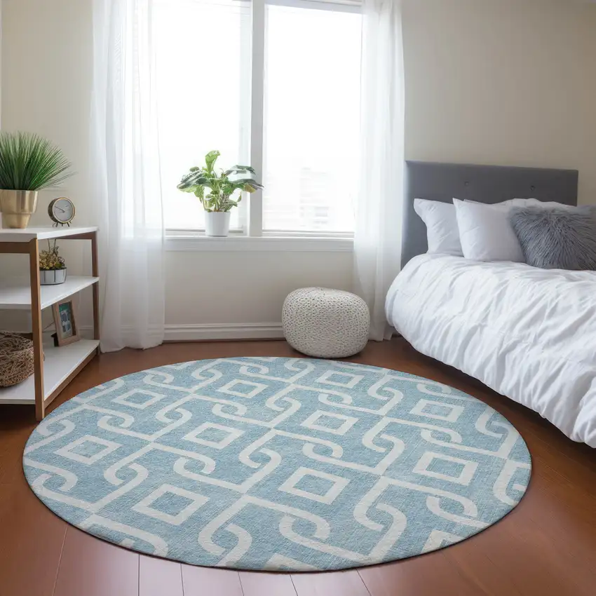 8' Sky Blue And Ivory Round Geometric Washable Indoor Outdoor Area Rug Photo 8