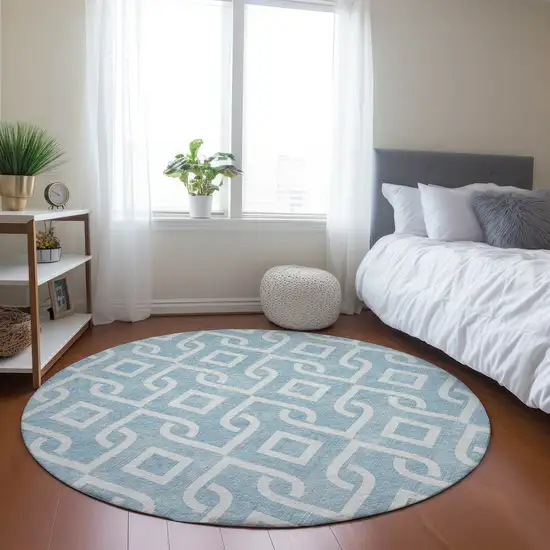 8' Sky Blue And Ivory Round Geometric Washable Indoor Outdoor Area Rug Photo 8