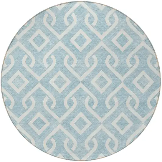 8' Sky Blue And Ivory Round Geometric Washable Indoor Outdoor Area Rug Photo 6