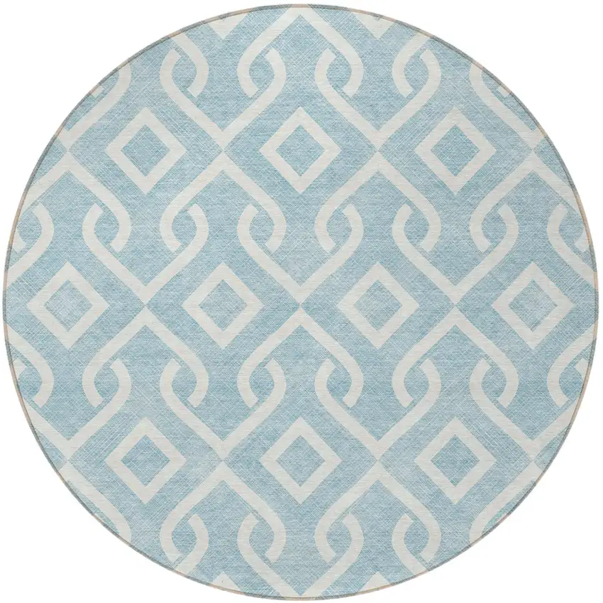 8' Sky Blue And Ivory Round Geometric Washable Indoor Outdoor Area Rug Photo 6