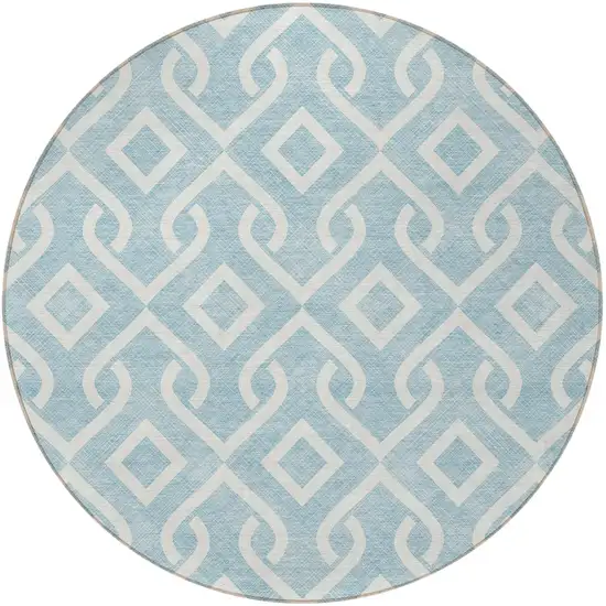 8' Sky Blue And Ivory Round Geometric Washable Indoor Outdoor Area Rug Photo 6