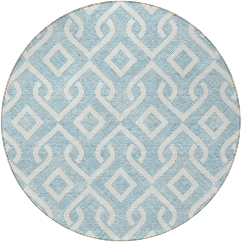 8' Sky Blue And Ivory Round Geometric Washable Indoor Outdoor Area Rug Photo 6