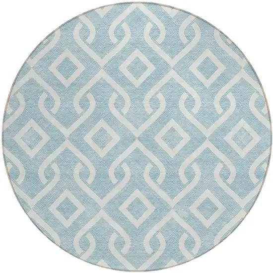 8' Sky Blue And Ivory Round Geometric Washable Indoor Outdoor Area Rug Photo 2