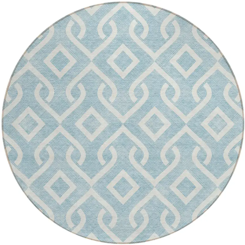 8' Sky Blue And Ivory Round Geometric Washable Indoor Outdoor Area Rug Photo 2