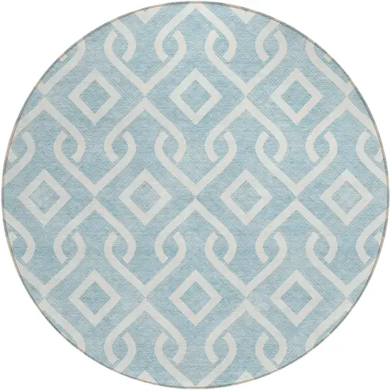 8' Sky Blue And Ivory Round Geometric Washable Indoor Outdoor Area Rug Photo 2