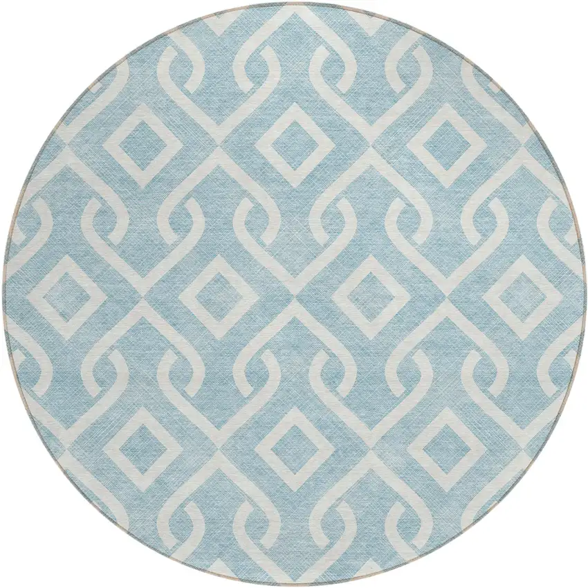 8' Sky Blue And Ivory Round Geometric Washable Indoor Outdoor Area Rug Photo 2