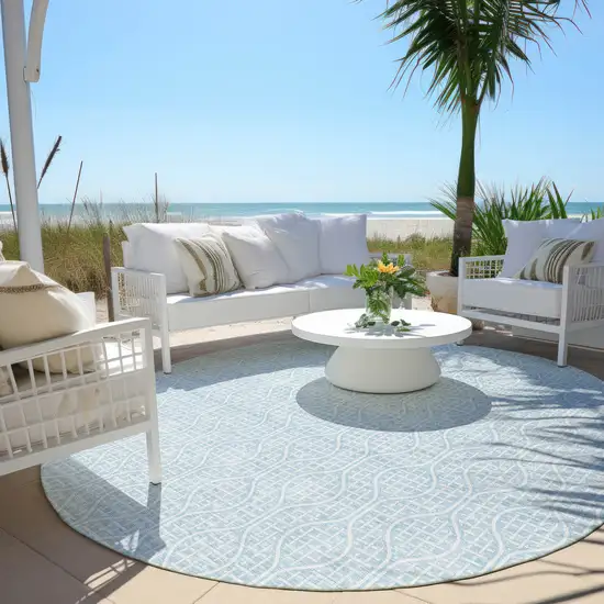 8' Sky Blue And Ivory Round Geometric Washable Indoor Outdoor Area Rug Photo 6
