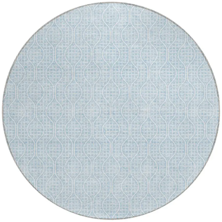 8' Sky Blue And Ivory Round Geometric Washable Indoor Outdoor Area Rug Photo 5