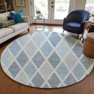 Photo of 8' Sky Blue And Ivory Round Geometric Washable Indoor Outdoor Area Rug