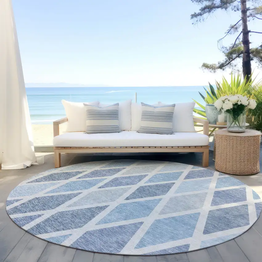 8' Sky Blue And Ivory Round Geometric Washable Indoor Outdoor Area Rug Photo 6