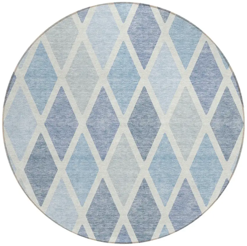 8' Sky Blue And Ivory Round Geometric Washable Indoor Outdoor Area Rug Photo 4