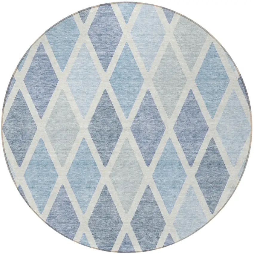8' Sky Blue And Ivory Round Geometric Washable Indoor Outdoor Area Rug Photo 5