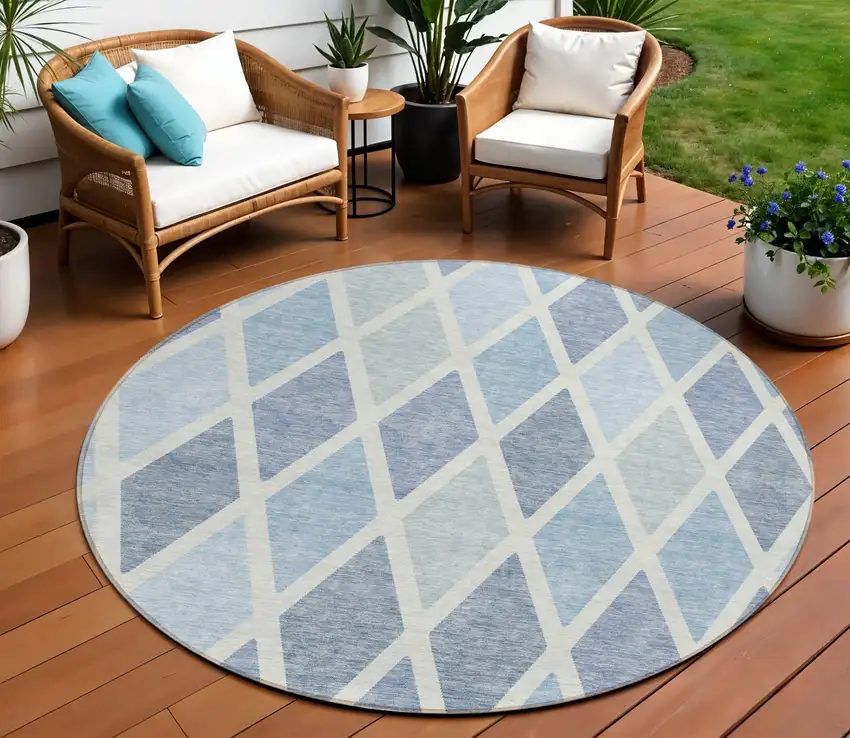 8' Sky Blue And Ivory Round Geometric Washable Indoor Outdoor Area Rug Photo 1