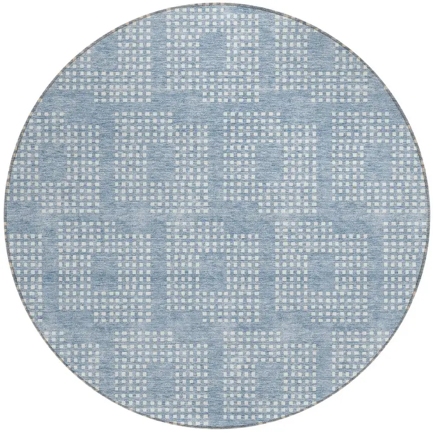 8' Sky Blue And Ivory Round Geometric Washable Indoor Outdoor Area Rug Photo 5