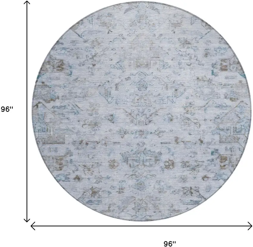 8' Sky Blue And Ivory Round Medallion Washable Indoor Outdoor Area Rug Photo 3