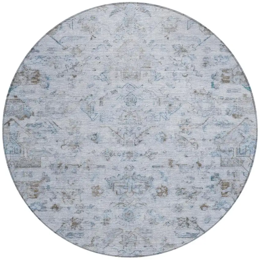 8' Sky Blue And Ivory Round Medallion Washable Indoor Outdoor Area Rug Photo 4