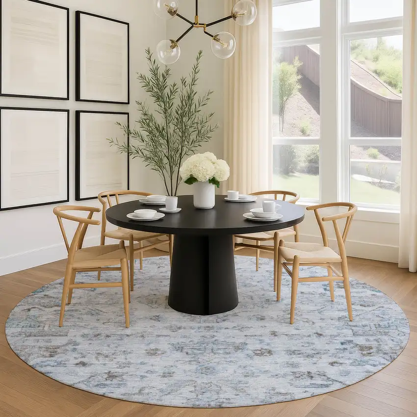 8' Sky Blue And Ivory Round Medallion Washable Indoor Outdoor Area Rug Photo 9