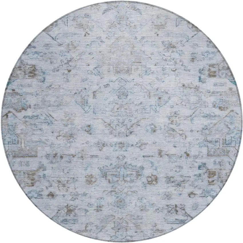 8' Sky Blue And Ivory Round Medallion Washable Indoor Outdoor Area Rug Photo 2