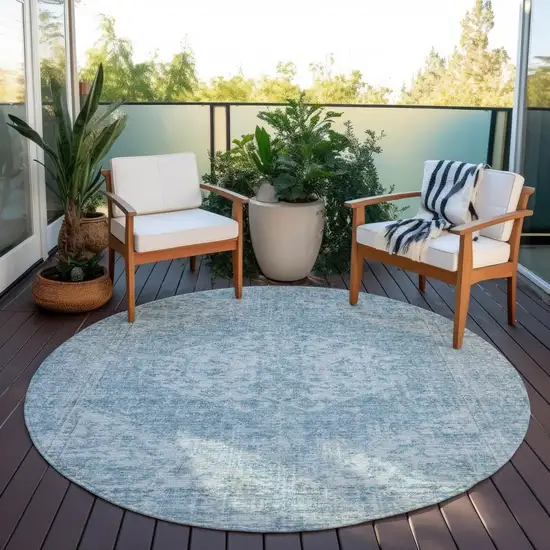 8' Sky Blue And Ivory Round Oriental Washable Indoor Outdoor Area Rug Photo 7