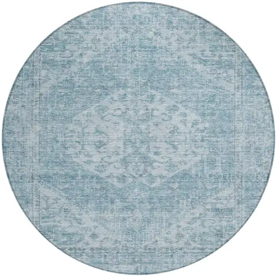 8' Sky Blue And Ivory Round Oriental Washable Indoor Outdoor Area Rug Photo 2
