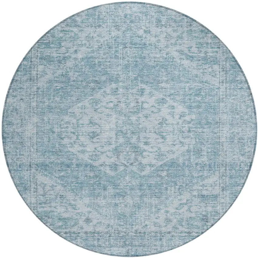 8' Sky Blue And Ivory Round Oriental Washable Indoor Outdoor Area Rug Photo 2