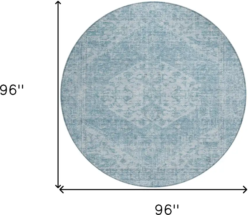 8' Sky Blue And Ivory Round Oriental Washable Indoor Outdoor Area Rug Photo 9