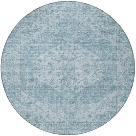 8' Sky Blue And Ivory Round Oriental Washable Indoor Outdoor Area Rug Photo 6