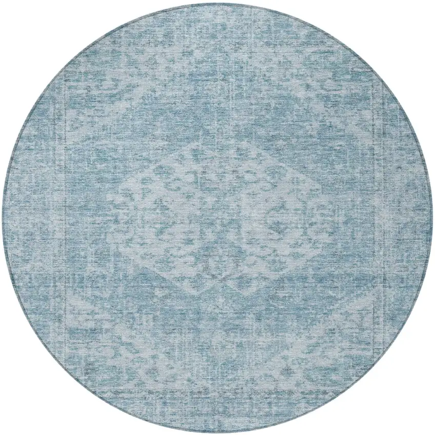 8' Sky Blue And Ivory Round Oriental Washable Indoor Outdoor Area Rug Photo 6