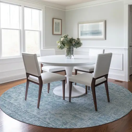 8' Sky Blue And Ivory Round Oriental Washable Indoor Outdoor Area Rug Photo 8
