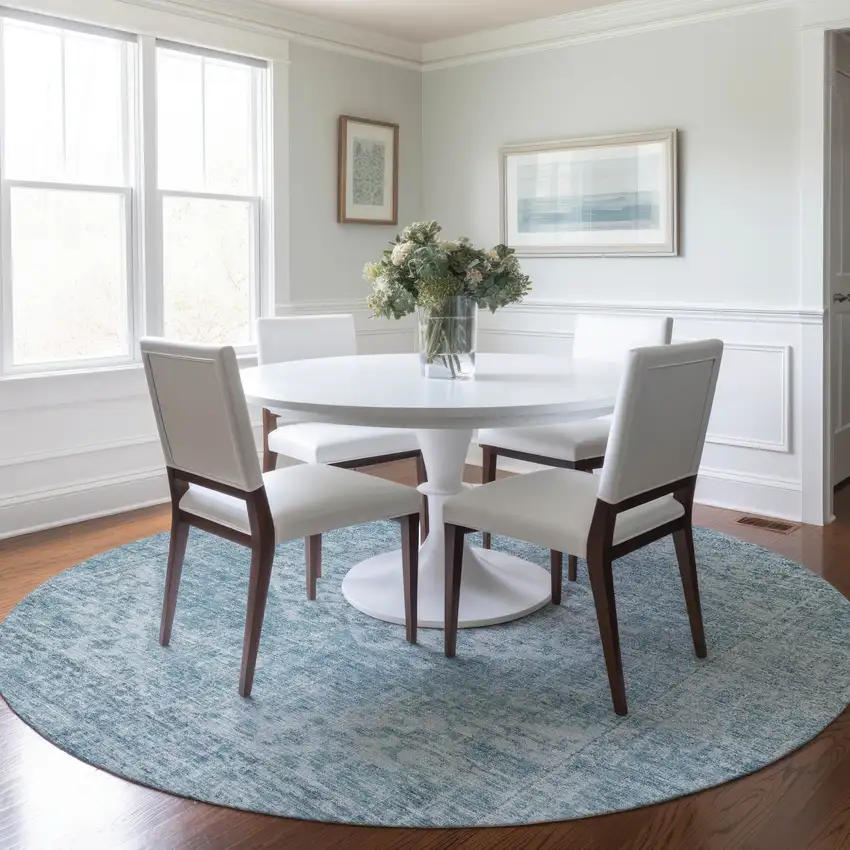 8' Sky Blue And Ivory Round Oriental Washable Indoor Outdoor Area Rug Photo 8