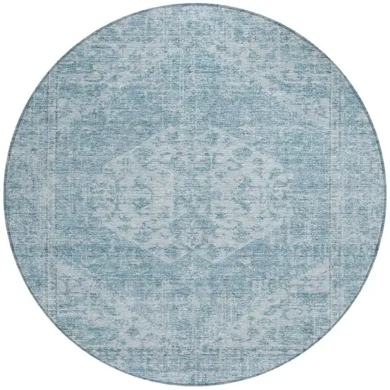 8' Sky Blue And Ivory Round Oriental Washable Indoor Outdoor Area Rug Photo 5